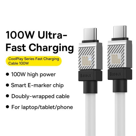 USB кабель Baseus Coolplay Series, 2xUSB тип-C, 100 см, 100 Вт, білий, силіконовий, #CAKW000202 Прев'ю 2