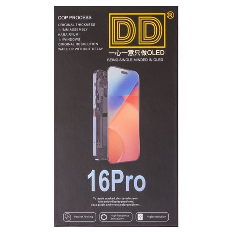Дисплей для iPhone 16 Pro, чорний, з рамкою, High Copy, без мікросхеми, (OLED), DD-OLED soft, 120Hz Прев'ю 1